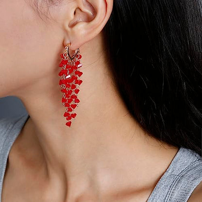 Fringe Hoop Dangle Earrings, Long Beads Tassel Chain Earrings for Women Sparkly Chandelier Earrings - color: Red