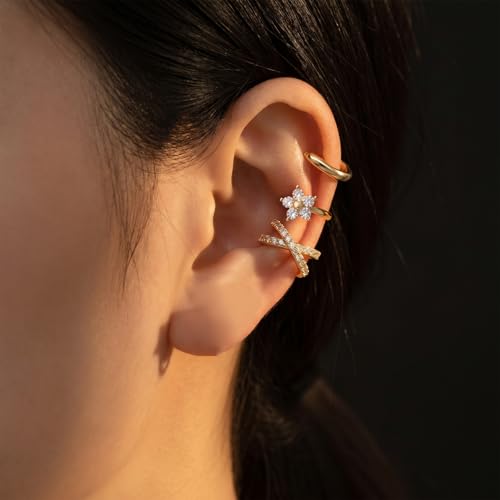 Ear Cuffs for Women Non Piercing - 3PCS Gold Clip On Earrings, 14K Gold Plated Adjustable Cuff Earrings for Women, Dainty Flower Design
