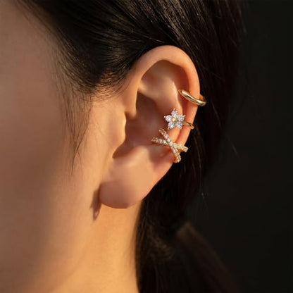 Ear Cuffs for Women Non Piercing - 3PCS Gold Clip On Earrings, 14K Gold Plated Adjustable Cuff Earrings for Women, Dainty Flower Design