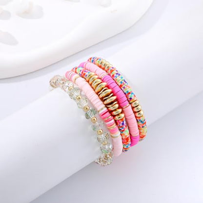Summer Surfer Heishi Bracelet Set for Women Stackable Gold Plated Clay Ploymer Bead Stretch Pink Beach Layering Bracelets Jewelry - color: B-A1