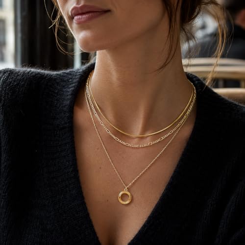 LANE WOODS Gold Plated Layered Necklace for Women, Pendant Choker | Adjustable multilayer chain, pendant and choker-style layers, coordinated stacked look for daily wear and gifting