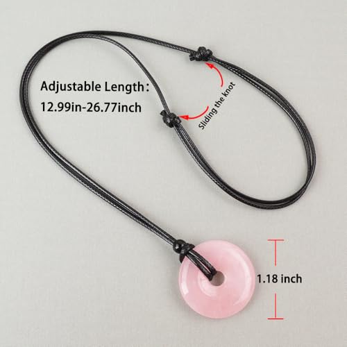 Anjiucc Natural Gemstone Pendant Necklce Lucky Coin Crystal Necklace Donut Pendnat with Adjustable Rope Healing Crystal for Men - color: Rose quartz