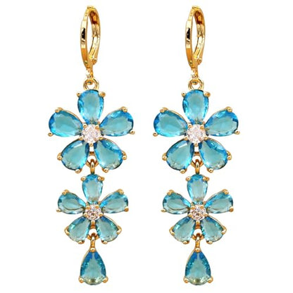 18K Gold Plated Flower Dangle Earrings for Women, Hypoallergenic Cubic Zirconia Earrings, Elegant CZ Drop Earrings, Statement Jewelry Gifts Party Fashion - style: Flower-Blue