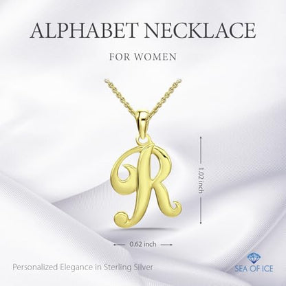 SEA OF ICE Letter Initial Necklace, Alphabet Letter Pendant Necklace, Sterling Silver, Gold, Rose Gold Necklace for Women, Elegant Initial Necklaces, Personalized Custom Women's Necklaces - color: Yellow Gold - R