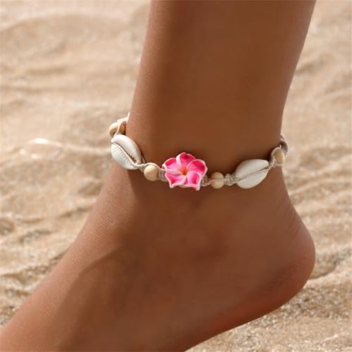 Shell Ankle Bracelet Set for Women,Boho Adjustable Beads Anklet Pack Natural White Shells Stack Stretch Seashell Pearl Starfish Bracelet Set Hawaiian Beach Vacation Foot Jewelry - style: K-Shell Flower