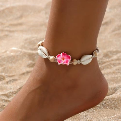 Shell Ankle Bracelet Set for Women,Boho Adjustable Beads Anklet Pack Natural White Shells Stack Stretch Seashell Pearl Starfish Bracelet Set Hawaiian Beach Vacation Foot Jewelry - style: K-Shell Flower