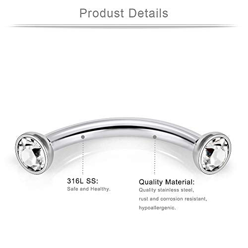 9 Pairs 16G Stainless Steel 3mm Clear CZ Glitter Ball Curved Barbell Eyebrow Tragus Lip Belly Ring Piercing Jewelry 3/8"(10MM) Silver - color: 18PCS - Silver
