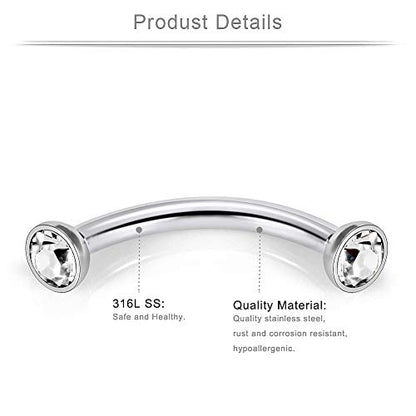 9 Pairs 16G Stainless Steel 3mm Clear CZ Glitter Ball Curved Barbell Eyebrow Tragus Lip Belly Ring Piercing Jewelry 3/8"(10MM) Silver - color: 18PCS - Silver