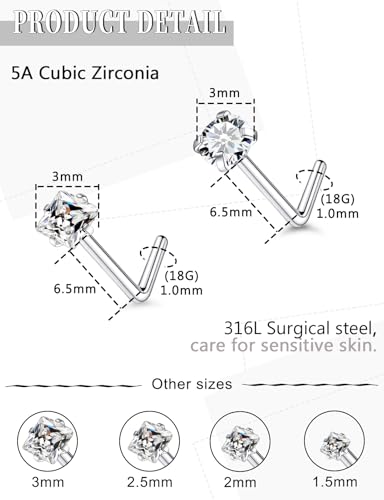 18G 20G 14K Gold Filled Nose Rings Studs Piercing Jewelry For Women Men 316L Surgical Steel Round Square Cubic Zirconia Nose Rings Studs Nostrial Piercing Jewelry CZ 1.5mm 2mm 2.5mm 3mm - color: Silver, size: 18 Gauge-L Shaped-Round and Square CZ