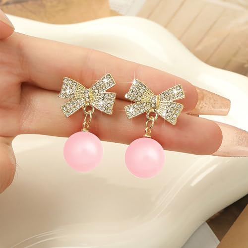Pearl Bow Earrings for Women Coquette Aesthetic Jewelry Rhinestone Bow Earrings for Bridesmaids Wedding Party Accessories Bridal Costume Accents Bowknot Themed Gifts - color: C3: Pink Pearl Bow Earrins