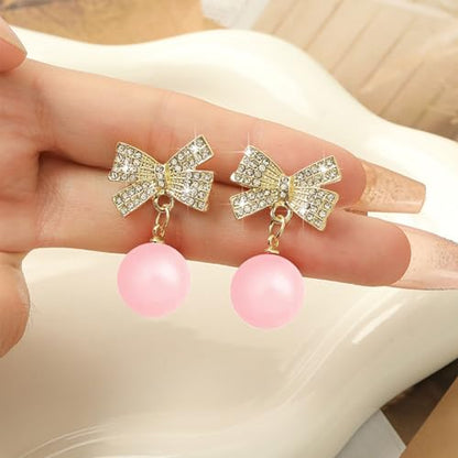 Pearl Bow Earrings for Women Coquette Aesthetic Jewelry Rhinestone Bow Earrings for Bridesmaids Wedding Party Accessories Bridal Costume Accents Bowknot Themed Gifts - color: C3: Pink Pearl Bow Earrins
