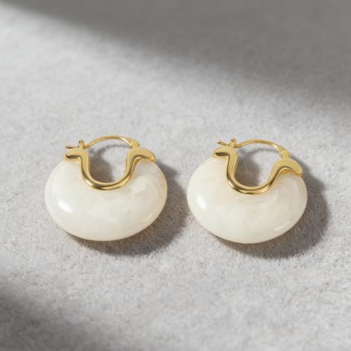 Cream White Chunky Lazy-Chic Hoop Earrings - Gold-Accented Resin Statement Hoops for Women, Trendy Daily & Vacation Jewelry