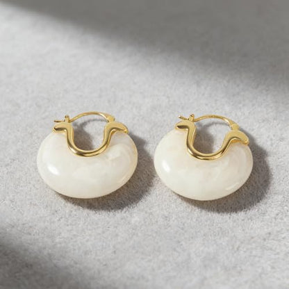 Cream White Chunky Lazy-Chic Hoop Earrings - Gold-Accented Resin Statement Hoops for Women, Trendy Daily & Vacation Jewelry