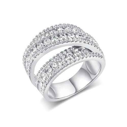 MDFUN Halo Eternity Rings Wedding Bands, 3 Rows Round Cut Cubic Zirconia Statement Rings, 18K White Gold/Yellow Gold Plated Wedding Band for Women Size 5-10 - color: White Gold