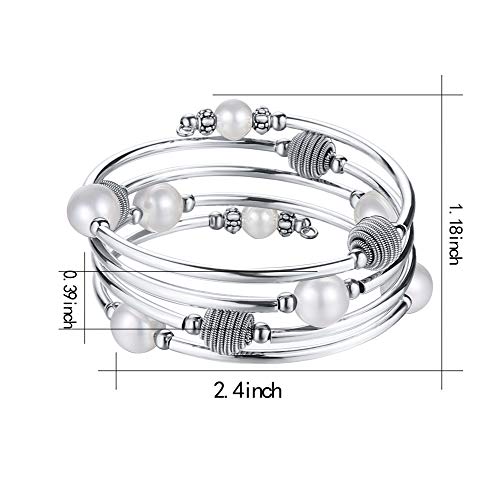 PEARL&CLUB Beaded Chakra Bangle Turquoise Bracelet - Fashion Jewelry Wrap Bracelet with Thick Silver Metal and Mala Beads, Birthday Gifts For Women - color: 63-White Shell Pearl