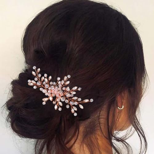 Rhinestone Hair Comb Wedding Hair Accessory for Women | Silver Bride Hair Clip Crystal Bridal Hair Piece Accessories - color: C-rose gold