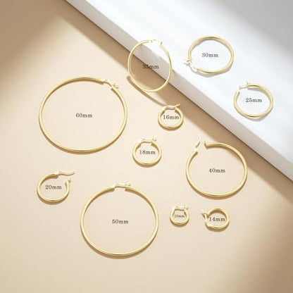 JIAYIQI Sterling Silver Hoop Earrings 18K White Gold Plated Silver Circle Endless Earrings Hoops Jewelry Lightweight Hoop Earring for Women Diameter 10,14,16,18,20,25,30,35,40,50,60mm - style: Gold-14mm