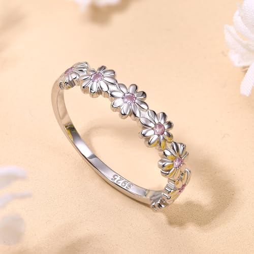 MILACOLATO 925 Sterling Silver Rings for Women Dainty CZ Daisy Flower Ring | 18K White Gold Plated Daisy Promise Ring for Her, Cute Sunflower Wedding Band Statement Engagement Ring, Mothers Jewelry Gift - color: 18K White Gold Plated Daisy Ring - Pink CZ