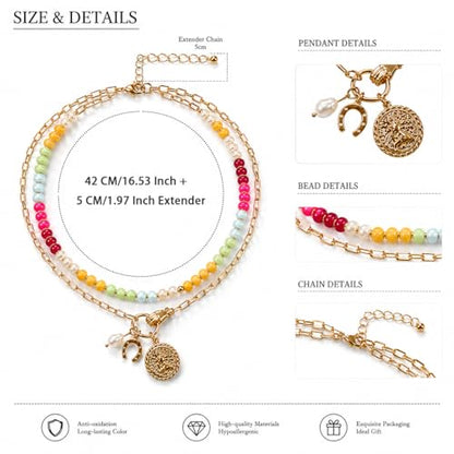 Colorful Acrylic Beaded Necklace For Women, Boho Double Layer Rainbow Beads Thick Cuban Chain Chunky Heart Pendant Statement Choker Summer Beach Jewelry Gift - color: Colorful Gold Hand