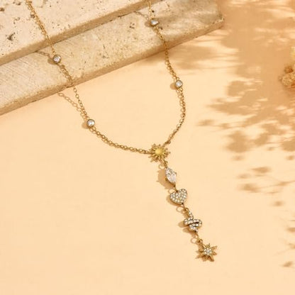 Lariat Necklaces for Women 18K Gold Plated Cubic Zirconia Heart Necklaces Dainty Star Lightning Sun and Moon Necklace Trendy Y Shaped Drop Diamond Necklace - color: Sun Heart Snake Star Y Necklace-Gold