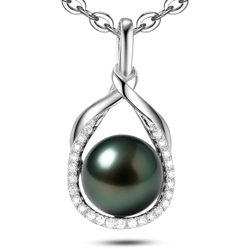 Genuine Tahitian Black Pearl Necklace for Women, 9-11mm AAAA Seawater Pearl with Sterling Silver Moissanite Pendant, Jewelry Gift for Wife, Mom, Girlfriend, Wedding Anniversary, Birthday, Christmas - size: 9-10mm, style: Interwoven Dewdrops