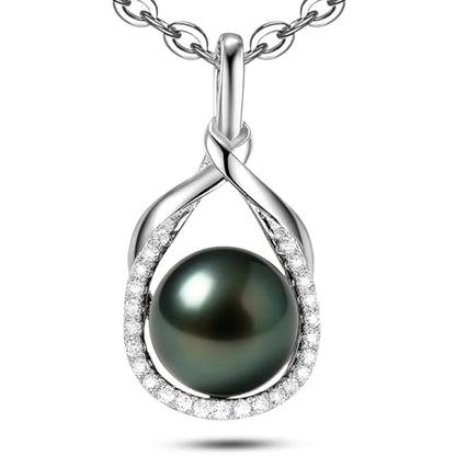 Genuine Tahitian Black Pearl Necklace for Women, 9-11mm AAAA Seawater Pearl with Sterling Silver Moissanite Pendant, Jewelry Gift for Wife, Mom, Girlfriend, Wedding Anniversary, Birthday, Christmas - size: 9-10mm, style: Interwoven Dewdrops