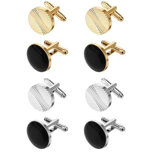 COMNICO 4 Pairs Cufflinks for Men Classic Tone Cuff Links Fashion Men Cufflinks Gold/Sliver Striped Disc Square Rectangle Cuff Links for Business Wedding Party Gift Box - color: round glod silver