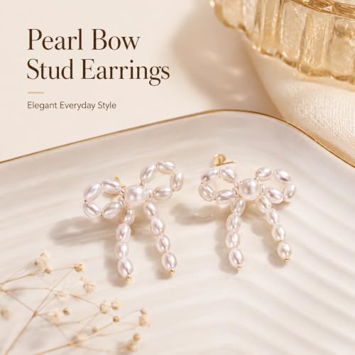 Gold Bow Knot Stud Earrings, Pearl Bow Earrings, for Women | Pearl Beaded Dangle Statement Earring, Pearls Earrings Small Tiny Simple Bows Earring Jewelry, Wedding Fashion Jewelry Gifts