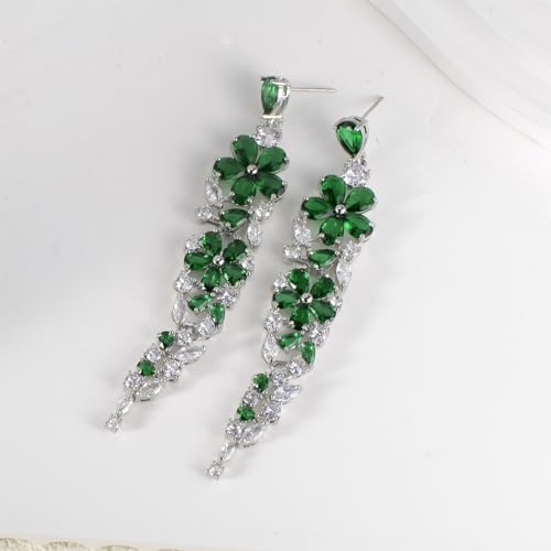 CZ Bridal Earrings for Wedding - 14k Plated Sterling Silver Elegant Teardrop Cubic Zirconia Crystal Rhinestone Floarl Leaf Cluster Chandelier Statement Dangle Drop Earrings for Bride Bridesmaids Party - color: Green Flower - Silver