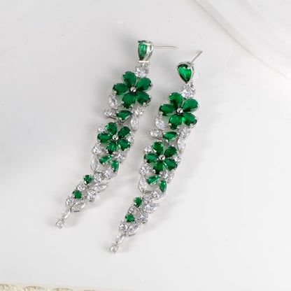 CZ Bridal Earrings for Wedding - 14k Plated Sterling Silver Elegant Teardrop Cubic Zirconia Crystal Rhinestone Floarl Leaf Cluster Chandelier Statement Dangle Drop Earrings for Bride Bridesmaids Party - color: Green Flower - Silver