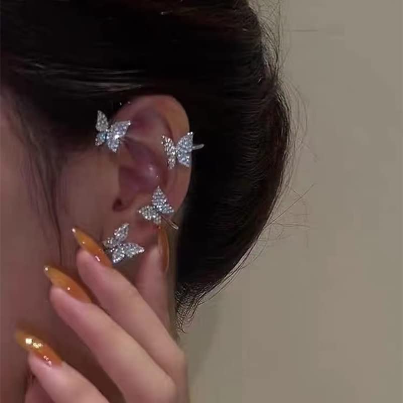 2 Pairs Dainty Silver Butterfly Ear Cuffs & Wraps for Women Non Piercing Bling Butterfly Tassel Style Zircon Earrings Ear Clips Bridal Wedding Jewelry - color: Gold+Silver