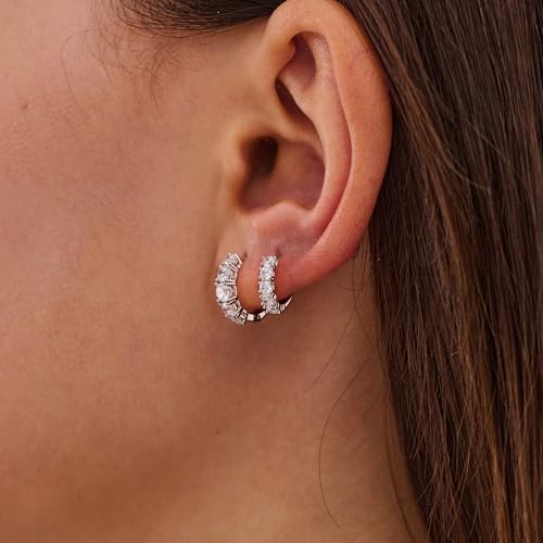 JINEAR 2 Pairs Gold Hoop Earrings for Women Dainty Huggie Earrings Set | 14K Gold Plated Cubic Zirconia Hypoallergenic Lightweight Waterproof Cartilage Hoop Earrings Trendy Jewelry Gift - color: silver
