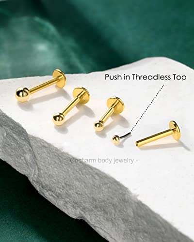 COCHARM 14K Solid Gold Helix Cartilage Tragus Earring Stud 16g Yellow Gold Threadless Tragus Cartilage Helix Conch Piercing Jewelry Flat Back Lip Labret Medusa Monroe Piercing Stud - color: 3mm Top, size: 6mm Length