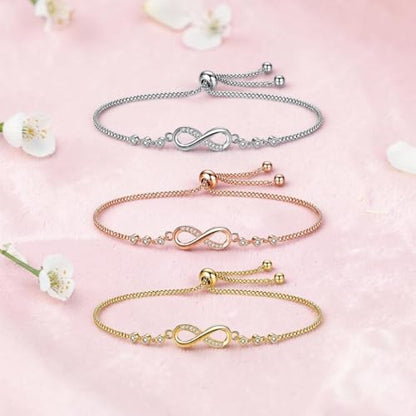Nilu's Collection Infinity Shape Cubic Zirconia Diamond Bracelet for Women, Jewelry for Gift, Adjustable Charm Bracelet (Rose Gold Necklace + Bracelet) - color: 3 Bracelets Combo