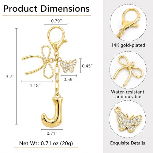 Gold Bubble Heart, Cherry, Bow & More Designs Letter Initial Keychain Bag Charms – Cute Purse Charms for Handbags - color: Bow & Butterfly, style: J