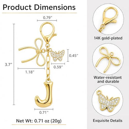 Gold Bubble Heart, Cherry, Bow & More Designs Letter Initial Keychain Bag Charms – Cute Purse Charms for Handbags - color: Bow & Butterfly, style: J