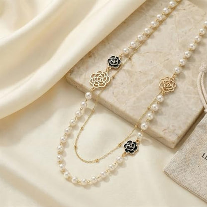 Long Pearl Necklace for Women, Layered Faux Pearl Station Necklace, Gold Tone Double Strand for Wedding Guest Looks and Evening Styling - color: Golden White Small Flower