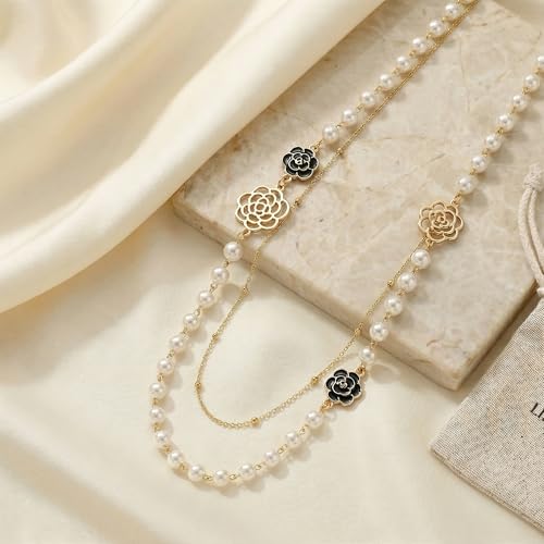 Long Pearl Necklace for Women, Layered Faux Pearl Station Necklace, Gold Tone Double Strand for Wedding Guest Looks and Evening Styling - color: Golden White Small Flower