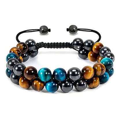 WFJ Black Obsidian Hematite Triple Protection Bracelets Set - Tiger Eye Beaded Natural Stone Bracelet for Men Women Gemstone (10MM) - color: Blue Yellow Tiger's Eye Hematite