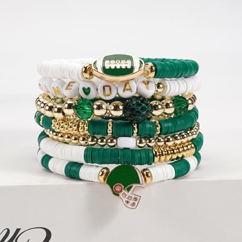 Ardorchid Halloween Bracelets for Women Pumpkin Ghost Steleton Bat Skull Beaded Stackable Stretchy Bracelet Rugby Thanksgiving Christmas Heishi Bracelets - color: Game Day-Green