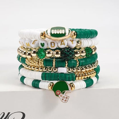 Ardorchid Halloween Bracelets for Women Pumpkin Ghost Steleton Bat Skull Beaded Stackable Stretchy Bracelet Rugby Thanksgiving Christmas Heishi Bracelets - color: Game Day-Green
