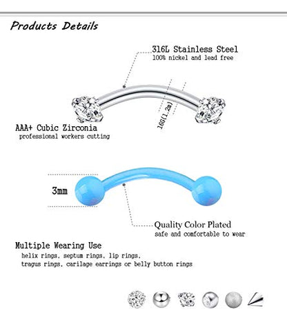 20-48Pcs 16G Eyebrow Piercing Rook Curved Barbell Kit Eyebrow Tragus Lip Rings for Women Men 8-10mm - color: B: 20pcs 10mm bar length