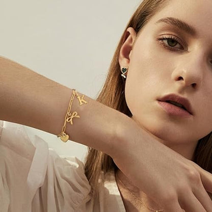 14K Gold Plated Bracelet for Women Simple Jewelry Initial A-Z Bracelet Dainty Chain Gifts for Women Birthday Unique Dainty Letter Charm Bracelet with Bow Anniversaries Gifts for Mother Her Jewelry Gift - style: O