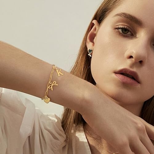 14K Gold Plated Bracelet for Women Simple Jewelry Initial A-Z Bracelet Dainty Chain Gifts for Women Birthday Unique Dainty Letter Charm Bracelet with Bow Anniversaries Gifts for Mother Her Jewelry Gift - style: F