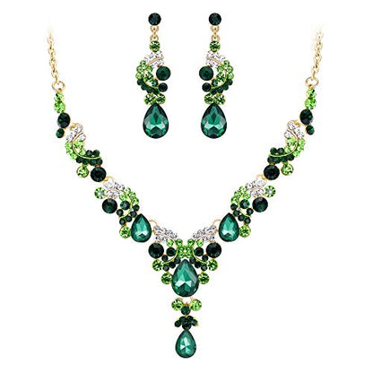 EVER FAITH Rhinestone Crystal Bridal Floral Wave Teardrop Necklace Earrings Set - color: 2pcs_Green