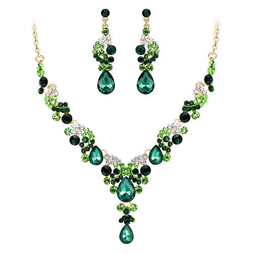EVER FAITH Rhinestone Crystal Bridal Floral Wave Teardrop Necklace Earrings Set - color: 2pcs_Green