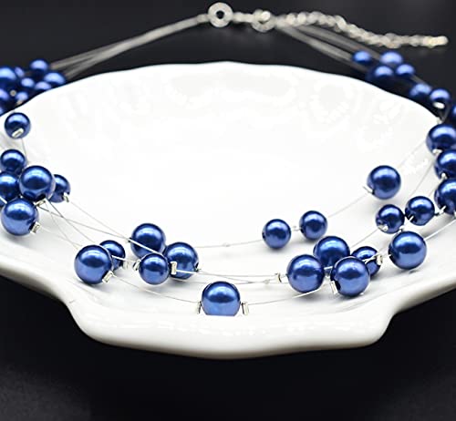 FULU AUTUMN Layered Pearl Necklace Multi-strand Pearl Choker Necklaces for Women Beaded jewelry for Wedding Parties - color: Blue