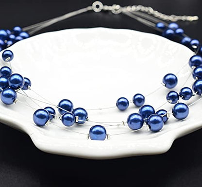 FULU AUTUMN Layered Pearl Necklace Multi-strand Pearl Choker Necklaces for Women Beaded jewelry for Wedding Parties - color: Blue