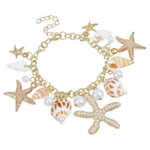 PH PandaHall Sea Shell Starfish Bracelets Boho Beach Bracelet Golden Shell Beads Anklet Pearl Charm Bracelet for Women Adjustable Hawaiian Jamaican Anklet Bracelets Jewelry Mermaid Costume Jewelry - color: shell bracelet