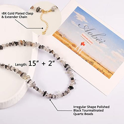 Aobei Pearl Gemstone Beaded Choker Necklace for Women Boho Turquoise/Cultured Freshwater Pearls/Garnet/Amazonite Jewelry - color: H Black Tourmalinated Quartz